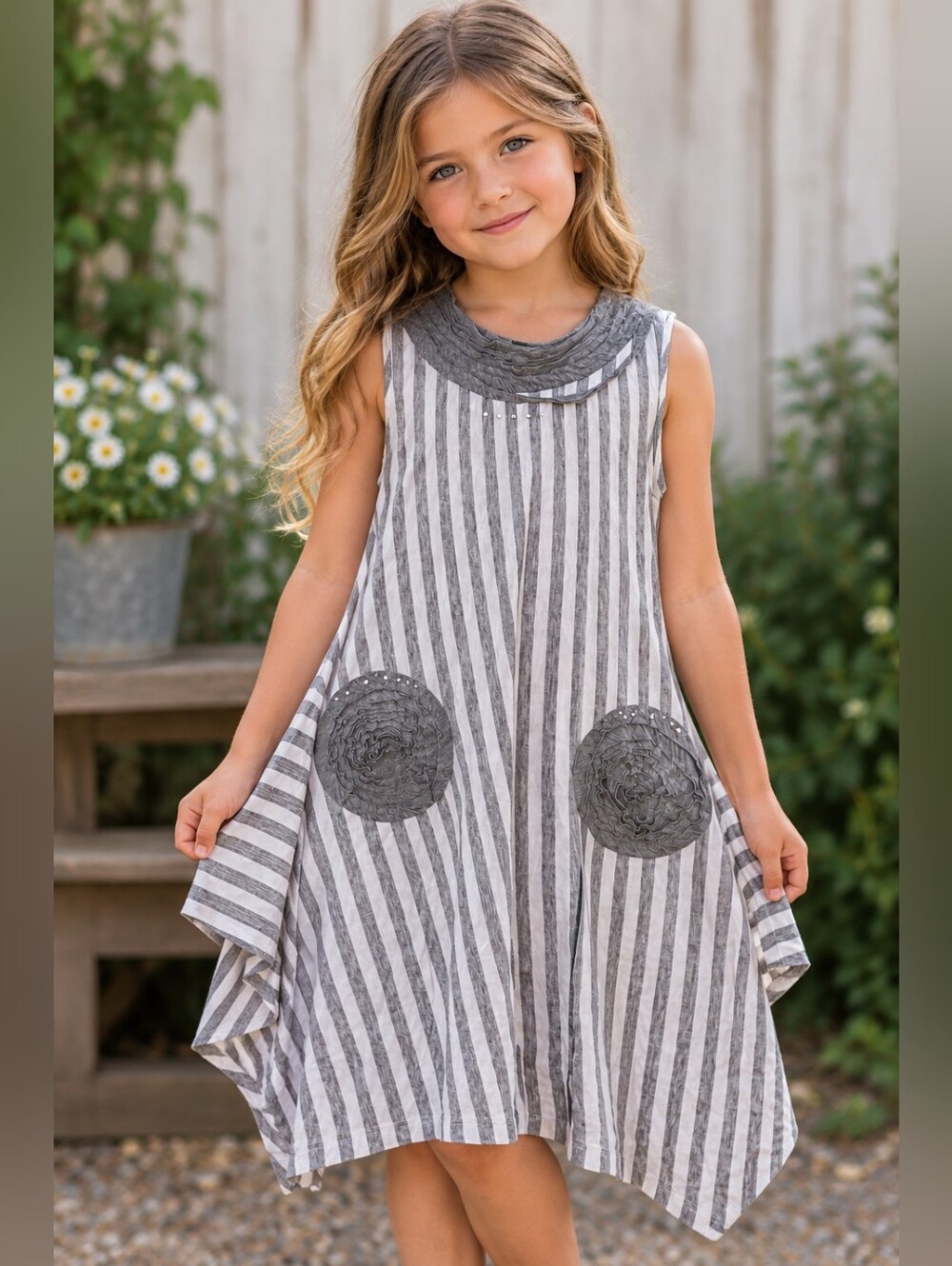 Designer Boutique Kids Dress Gray & White Striped Contemporary Big Girls Size 10